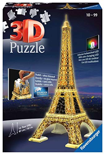 Ravensburger 125791, quebra-cabeça 3D, quebra-cabeça 3D Tour Eiffel noite, edição noturna, 216 peças, recomendado há mais de 12 anos