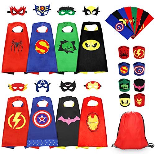 Jojoin 8 peças de casaco infantil de super-herói, casaco de fantasia de super-herói, 8 camadas, 8 máscaras, 8 pulseiras, 8 cintos, presente de brinquedo de aniversário, festa, Natal ou carnaval