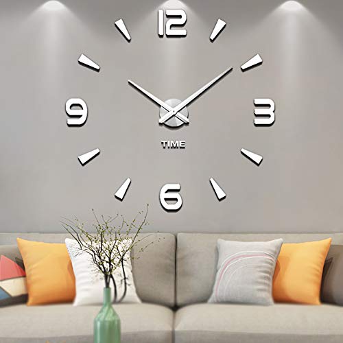 VANGOLD DIY Wall Clock Large Frameless Mirror 3D Sticker-2 anos de garantia (Silver-73)