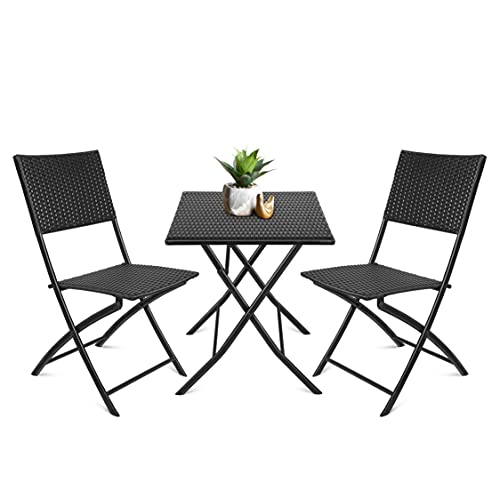 Conjunto de móveis de jardim, mesa e cadeiras, mesa 1 + 2 cadeiras, imitação de rattan, dobrável, confortável, portátil, à prova d'água e resistente a raios ultravioleta, feito de PP, jardim, terraço, varanda, preto