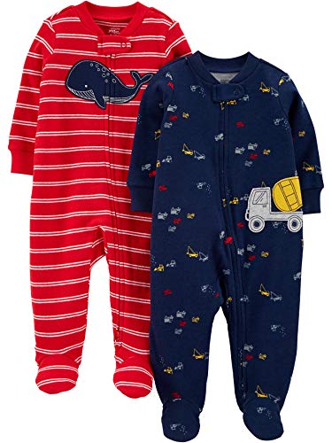 Carter's Simple Joys 2 pacotes de sapatos de algodão para dormir e brincar Pijama para bebês e crianças pequenas, vermelho / marinho, baleia, 0-3 meses, 2 pacotes