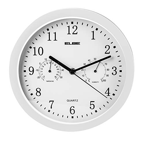 ELBE RP-2005-B Relógio de parede com termômetro e higrômetro, mede temperatura e umidade, diâmetro 25 cm, painel branco, moldura branca, funcionamento a bateria, branco