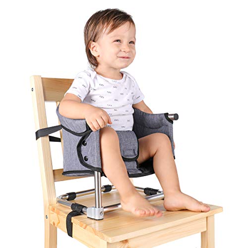 Assento de viagem portátil elevável, cadeira alta dobrável para bebê e bolsa de viagem, cintos de segurança para mesa de cozinha (cinza)
