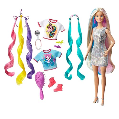 Boneca de cabeleireiro Barbie Fantasy com acessórios de moda e tamanhos de sereia e tiaras (Mattel GHN4)