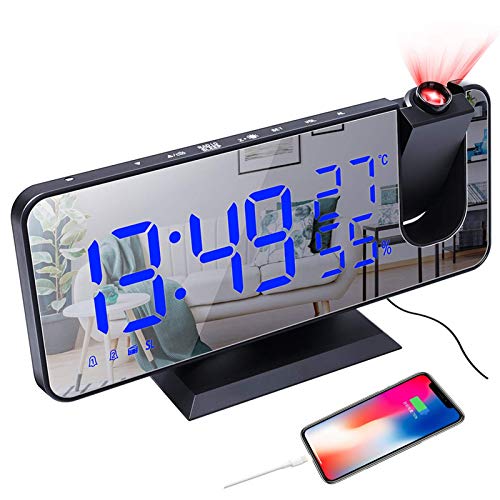 Despertador com projeção YUNYODA, despertador digital com superfície espelhada de LED, porta de carregamento USB, repetidor, alarme duplo, rádio FM, modo de pôr do sol 3D, temperatura e umidade