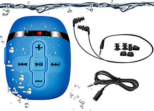 Leitor de mp3 de natação na água de 8 GB com fones de ouvido com fio curto (3 tipos de natação), fones de ouvido de corrida MP3 imersivos, função de mixagem (azul completo)