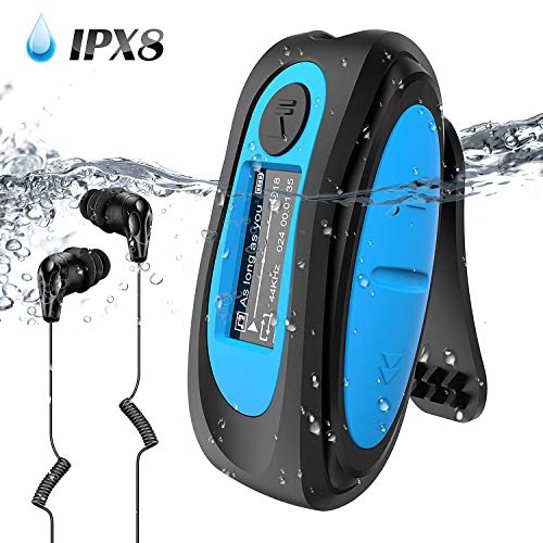 AGPTEK Mp3 Aquatic com tela de 8 GB, S07 IPX 8 Clip impermeável MP3 Player Suporta rádio FM, modo aleatório para natação, corrida, azul