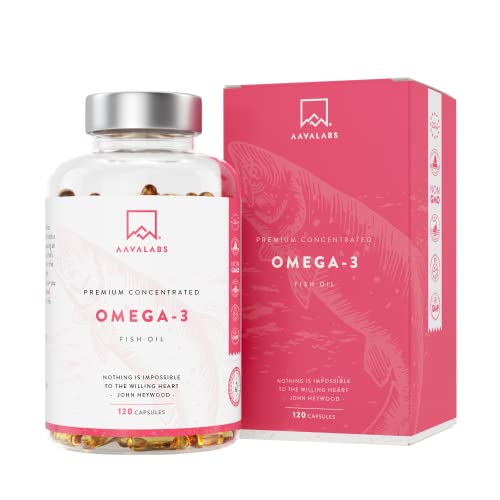 AAVALABS Omega 3 2000 mg dose diária (2 cápsulas) - 1000 mg EPA + 500 mg DHA dose diária - Ácidos graxos de alta potência - Destilado molecular - 120 cápsulas - Entrega em 60 dias