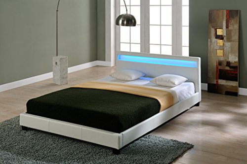 Cama de Casal Elegante Corium Estofada em Couro Sintético - com Sistema de Iluminação LED - 140x200cm (Branco) - Design Moderno