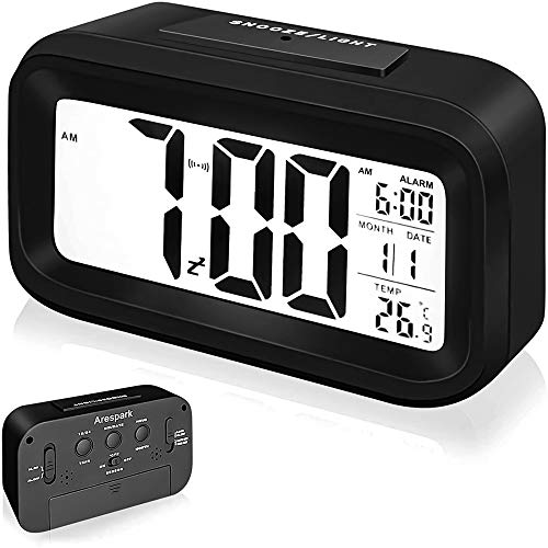Despertador digital Arespark, despertador digital com luz noturna, tela LCD de 5,3 polegadas com temperatura e hora e data, função de repetição (borracha)