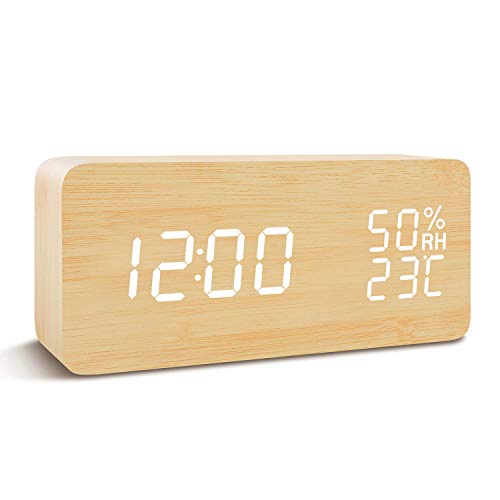 FONCBIEN despertador digital, indicador de temperatura de data, relógio de madeira com display LED, controle de voz de brilho de 3 níveis, 3 configurações de alarme