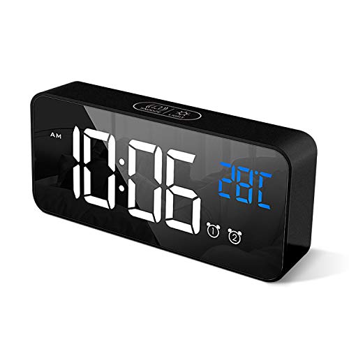 Despertador digital HOMVILLA com display LED de temperatura, despertador portátil com espelho com repetição dupla de alarme 4 níveis de brilho ajustáveis ​​13 despertadores digitais musicais