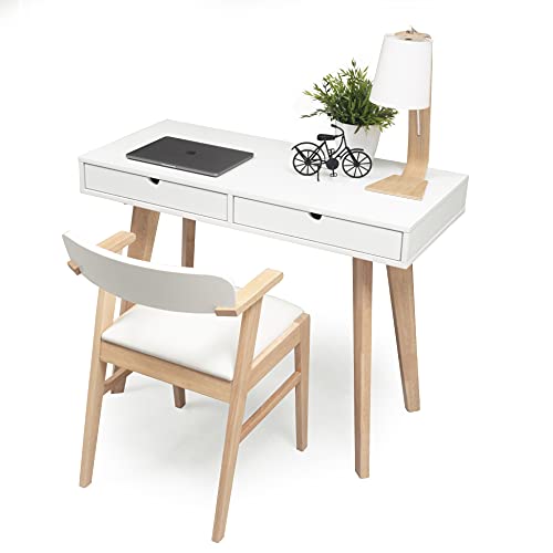 Conjunto secretária MELAKA 100x45 cm Mesa e cadeira secretária em madeira natural e branca