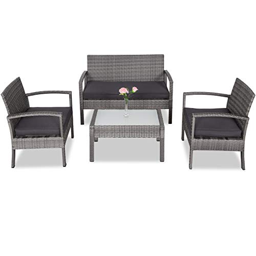 CASARIA Mobiliário de jardim cinza para 4 pessoas Conjunto Poliratán 1 mesa, 1 banco e 2 cadeiras