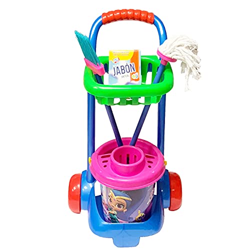 Carrinho de limpeza de brinquedos Acan para crianças com acessórios 57 x 31 x 20 cm, plástico durável, balde, esfregão, vassoura, vassoura, esfregão, presente infantil, cor e design aleatórios