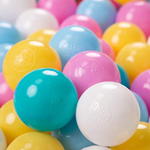 KiddyMoon Piscina de plástico 100 ∅ 6 cm Bola colorida para crianças, Branco / Amarelo / Rosa / Azul claro / Turquesa