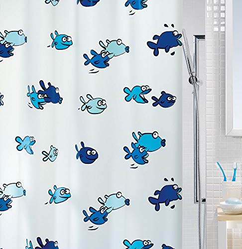 Coleção Spirella Hugo, cortina de chuveiro em tecido 180 x 200, 100% poliéster, azul, PEVA, peixe