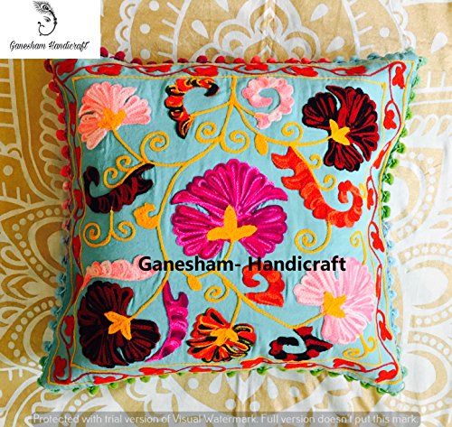 GANESHAM ARTESANATO Fronha decorativa de design floral artesanal, para sofá, boêmio, chique, boêmio, lantejoulas, bordado à mão, fronha Suzani